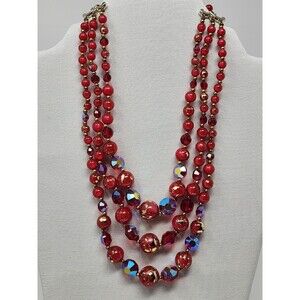 Vintage 70s Red Glass Bead Necklace 3 Strand AB Crystal Gold Fleck Statement 16"